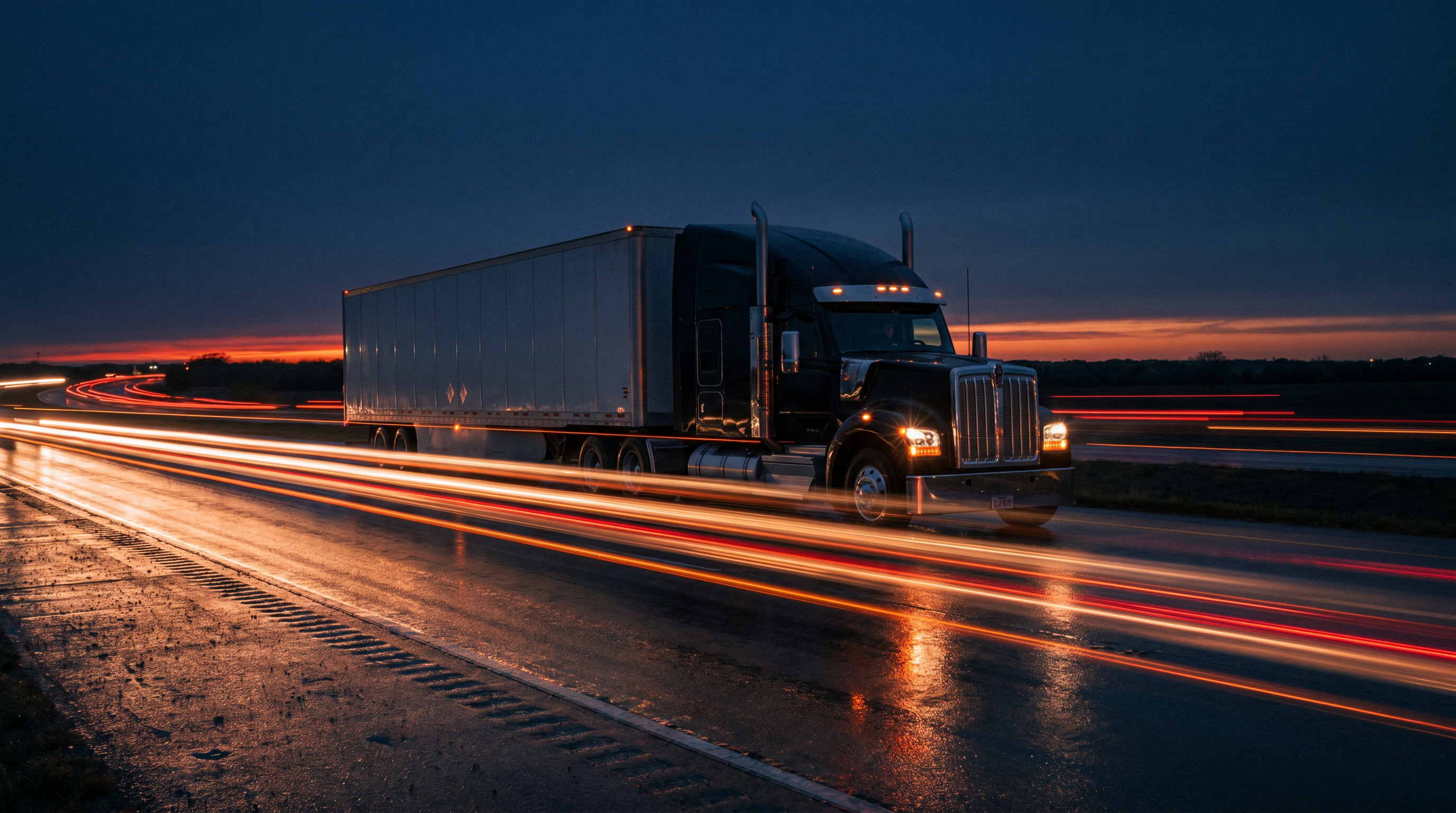 Semi truck speeding down a highway at twilight, captured with light trails