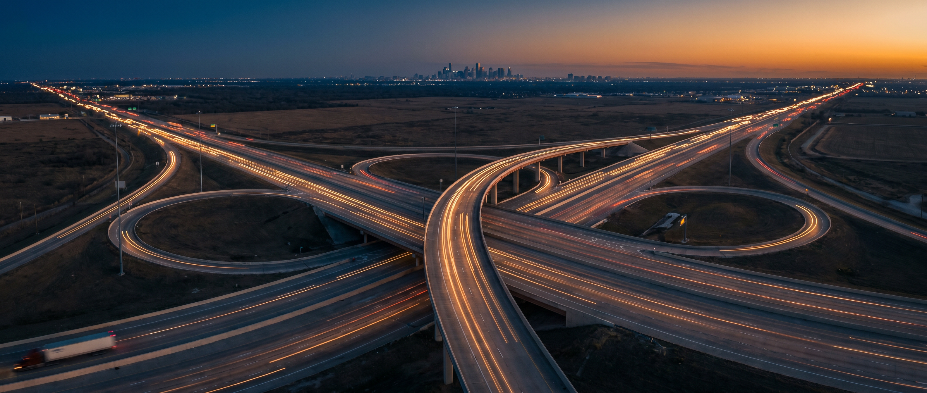 Aerial view of Texas highway network at dusk
